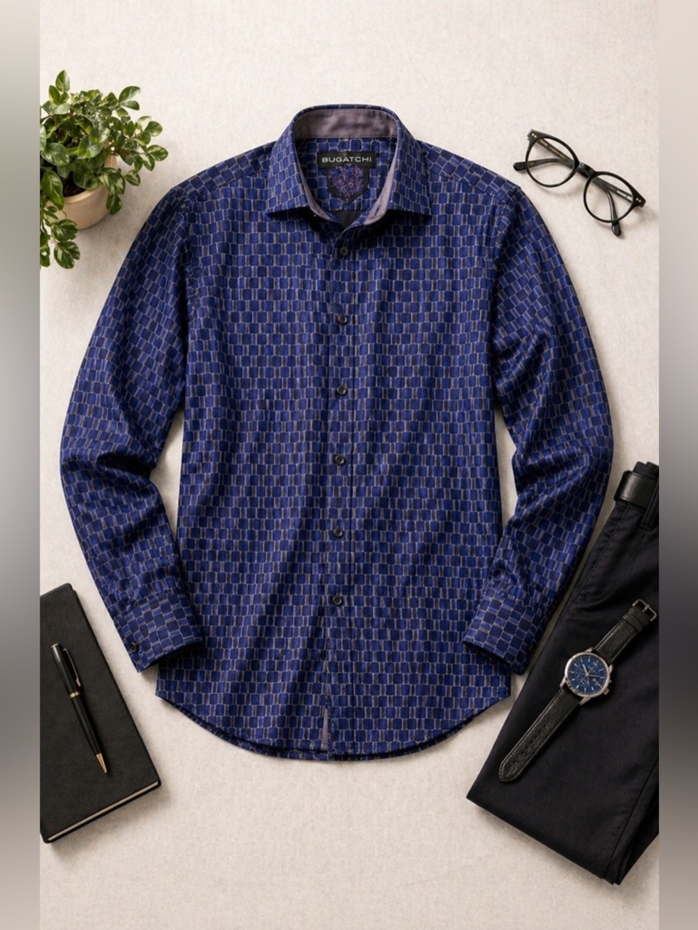 Bugatchi e Geometric Dress Shirt Long Sleeve Button Up Mens